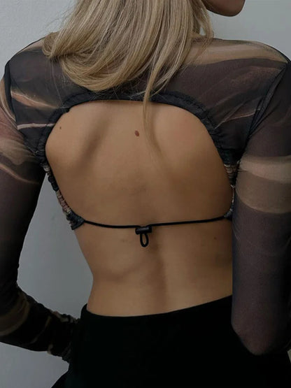 2025 Summer New Women Clothing Fashion Print Mesh Tops Sexy Backless Long Sleeve Casual Tees Slim Short Umbilical Cord T-shirts