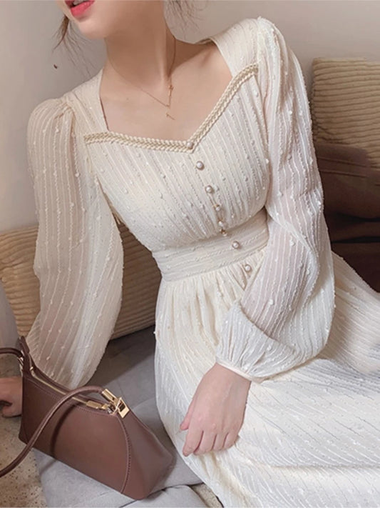 2025 Summer New Women Fashion Elegant White Midi Dresses Vintage Princess Female Party A Line Clothes Prom Robe Vestdios