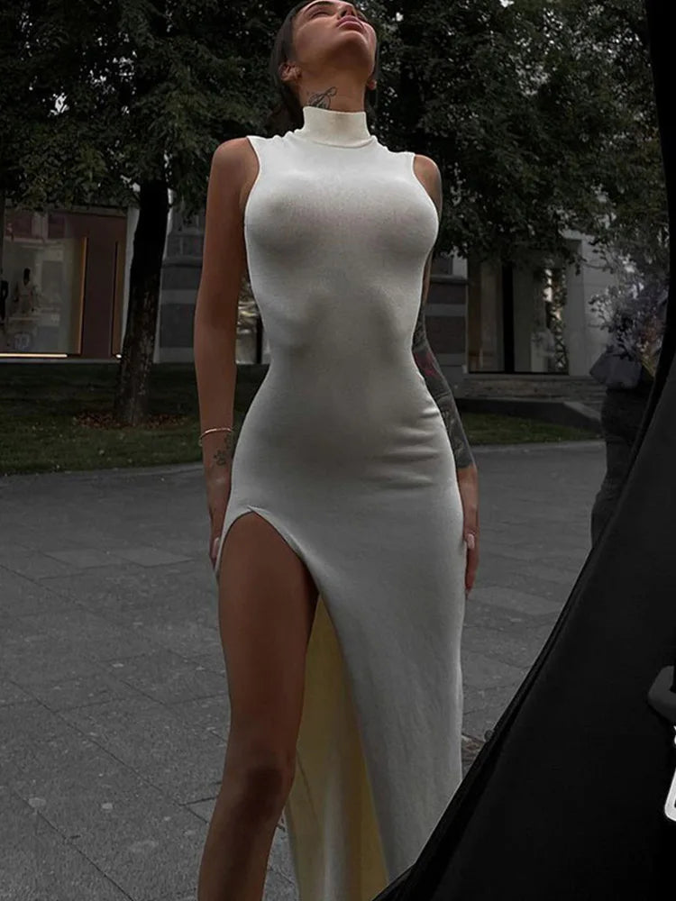 2025 Summer Slit Maxi Dress for Women Elegant Holiday Sexy Sleeveless Club Party Tank Sundresses Solid Clothes