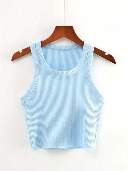 Tops cortos de verano 2025 para adolescentes, camisetas de punto elásticas y sexis, chaleco corto sin mangas