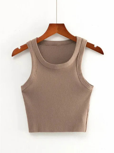 Tops cortos de verano 2025 para adolescentes, camisetas de punto elásticas y sexis, chaleco corto sin mangas