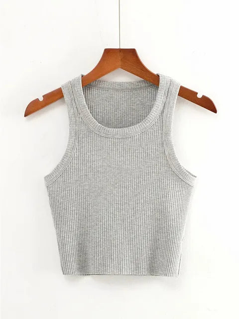 Tops cortos de verano 2025 para adolescentes, camisetas de punto elásticas y sexis, chaleco corto sin mangas