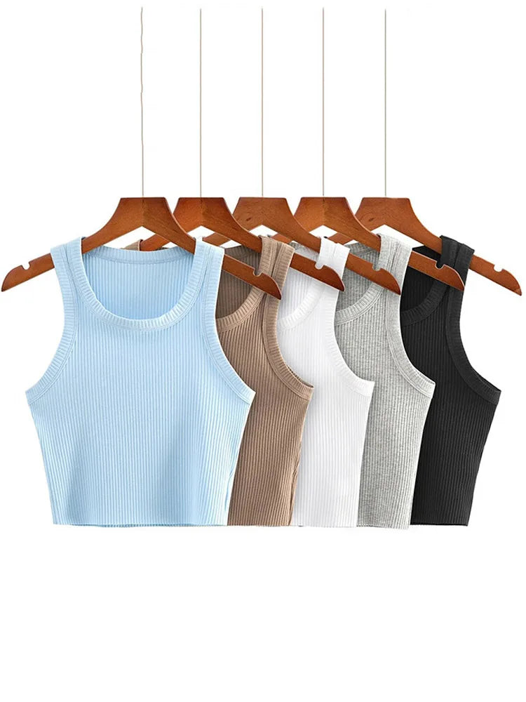Tops cortos de verano 2025 para adolescentes, camisetas de punto elásticas y sexis, chaleco corto sin mangas