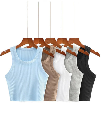 Tops cortos de verano 2025 para adolescentes, camisetas de punto elásticas y sexis, chaleco corto sin mangas