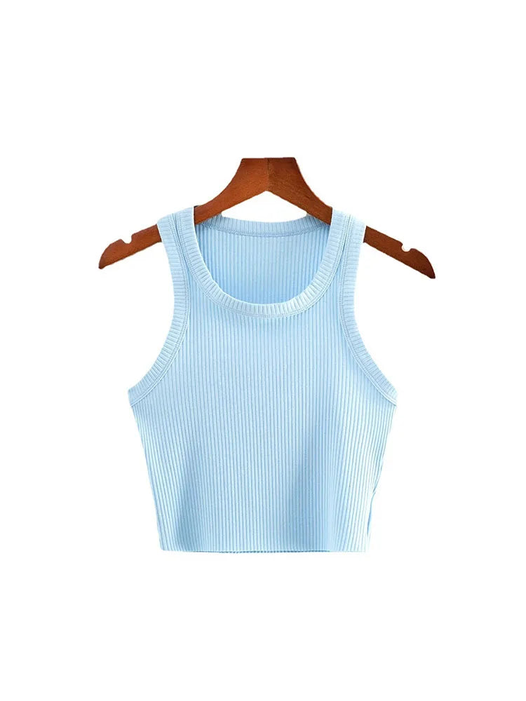 Tops cortos de verano 2025 para adolescentes, camisetas de punto elásticas y sexis, chaleco corto sin mangas