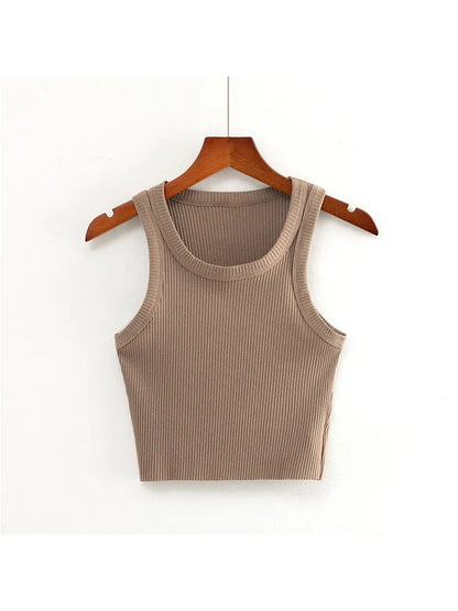 Tops cortos de verano 2025 para adolescentes, camisetas de punto elásticas y sexis, chaleco corto sin mangas