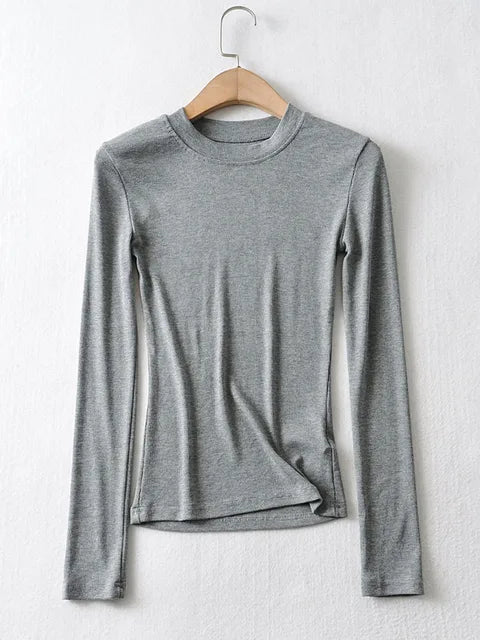 2025 Women Clothing Cotton Kintted Tops Casual Slim Elastic O-neck Full-sleeve T-shirt