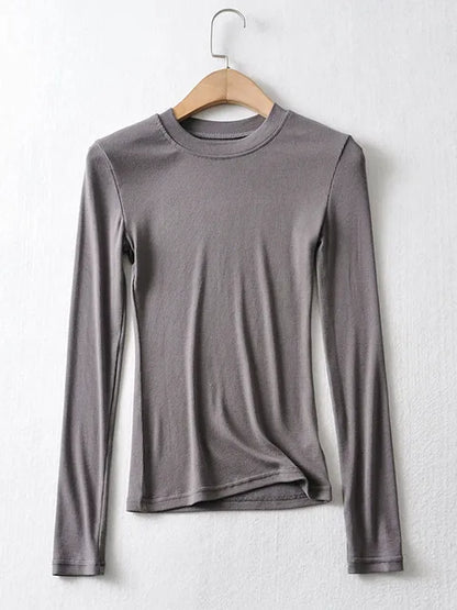 2025 Women Clothing Cotton Kintted Tops Casual Slim Elastic O-neck Full-sleeve T-shirt