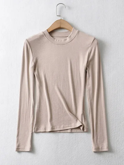 2025 Women Clothing Cotton Kintted Tops Casual Slim Elastic O-neck Full-sleeve T-shirt
