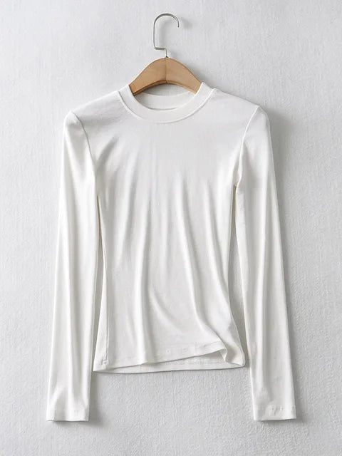 2025 Women Clothing Cotton Kintted Tops Casual Slim Elastic O-neck Full-sleeve T-shirt