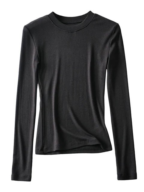2025 Women Clothing Cotton Kintted Tops Casual Slim Elastic O-neck Full-sleeve T-shirt
