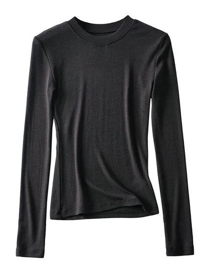 2025 Women Clothing Cotton Kintted Tops Casual Slim Elastic O-neck Full-sleeve T-shirt