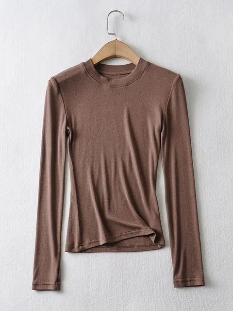 2025 Women Clothing Cotton Kintted Tops Casual Slim Elastic O-neck Full-sleeve T-shirt