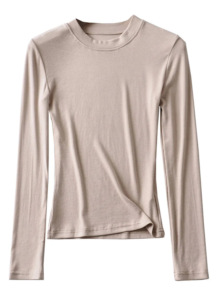 2025 Women Clothing Cotton Kintted Tops Casual Slim Elastic O-neck Full-sleeve T-shirt