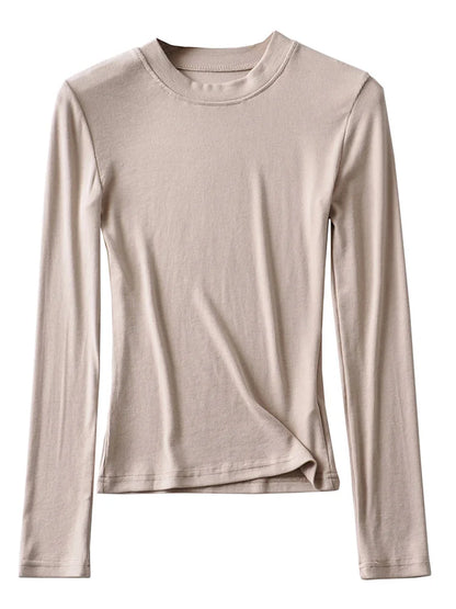 2025 Women Clothing Cotton Kintted Tops Casual Slim Elastic O-neck Full-sleeve T-shirt