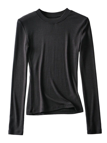 2025 Women Clothing Cotton Kintted Tops Casual Slim Elastic O-neck Full-sleeve T-shirt
