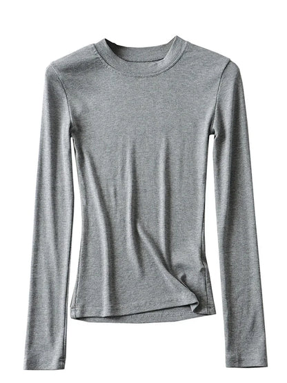 2025 Women Clothing Cotton Kintted Tops Casual Slim Elastic O-neck Full-sleeve T-shirt