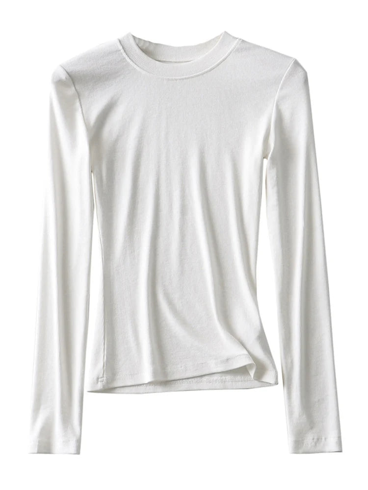 2025 Women Clothing Cotton Kintted Tops Casual Slim Elastic O-neck Full-sleeve T-shirt