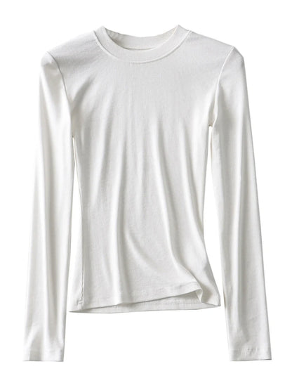 2025 Women Clothing Cotton Kintted Tops Casual Slim Elastic O-neck Full-sleeve T-shirt