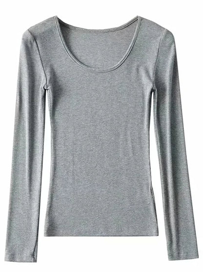 2025 Women Clothing Tops Fit Casual Elastic Cotton Solid O-neck full sleeve T-shirt