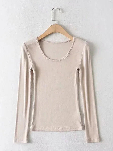 2025 Women Clothing Tops Fit Casual Elastic Cotton Solid O-neck full sleeve T-shirt
