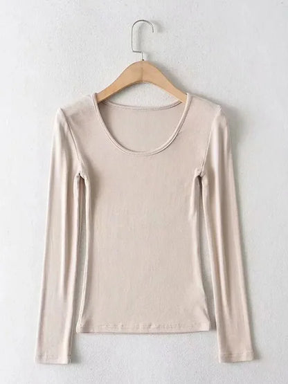 2025 Women Clothing Tops Fit Casual Elastic Cotton Solid O-neck full sleeve T-shirt