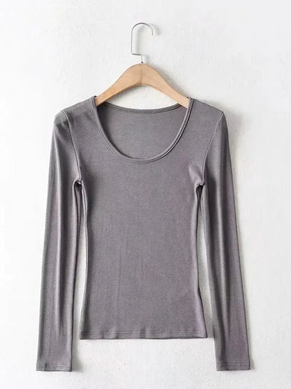 2025 Women Clothing Tops Fit Casual Elastic Cotton Solid O-neck full sleeve T-shirt