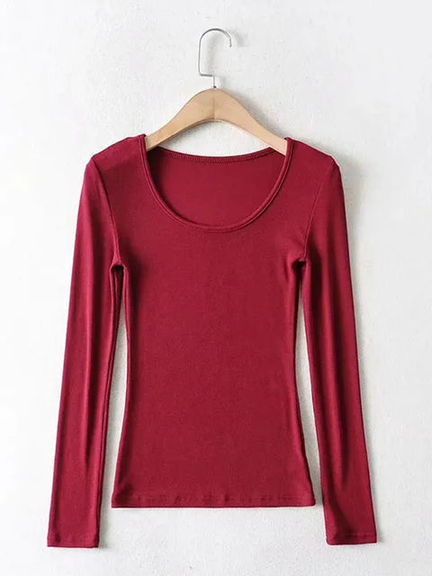 2025 Women Clothing Tops Fit Casual Elastic Cotton Solid O-neck full sleeve T-shirt