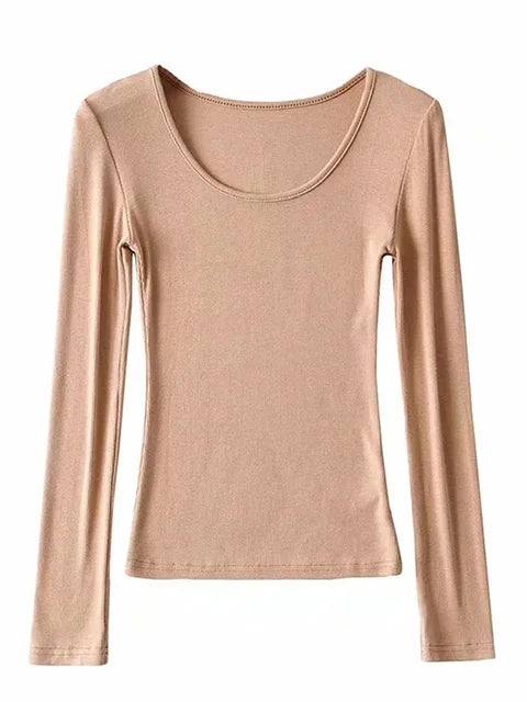 2025 Women Clothing Tops Fit Casual Elastic Cotton Solid O-neck full sleeve T-shirt