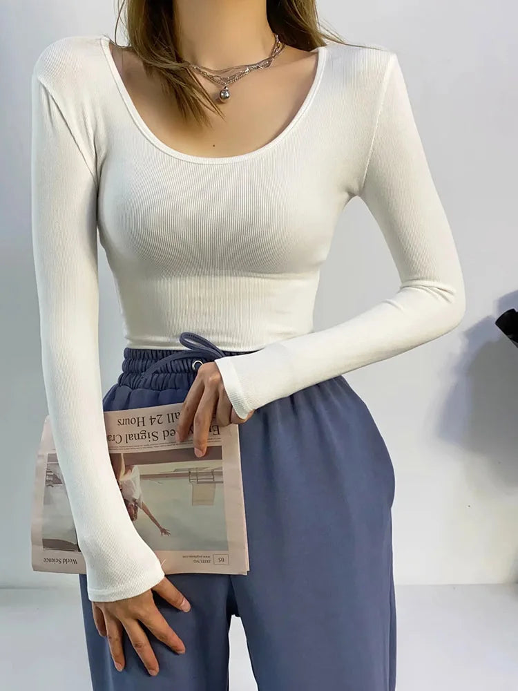 2025 Women Clothing Tops Fit Casual Elastic Cotton Solid O-neck full sleeve T-shirt