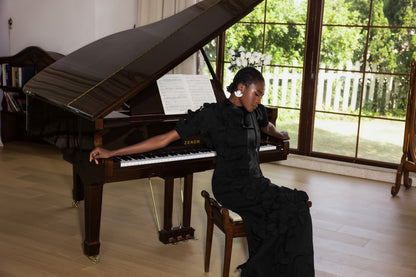 3D Flower Lace Up Mid Sleeve Maxi Dress