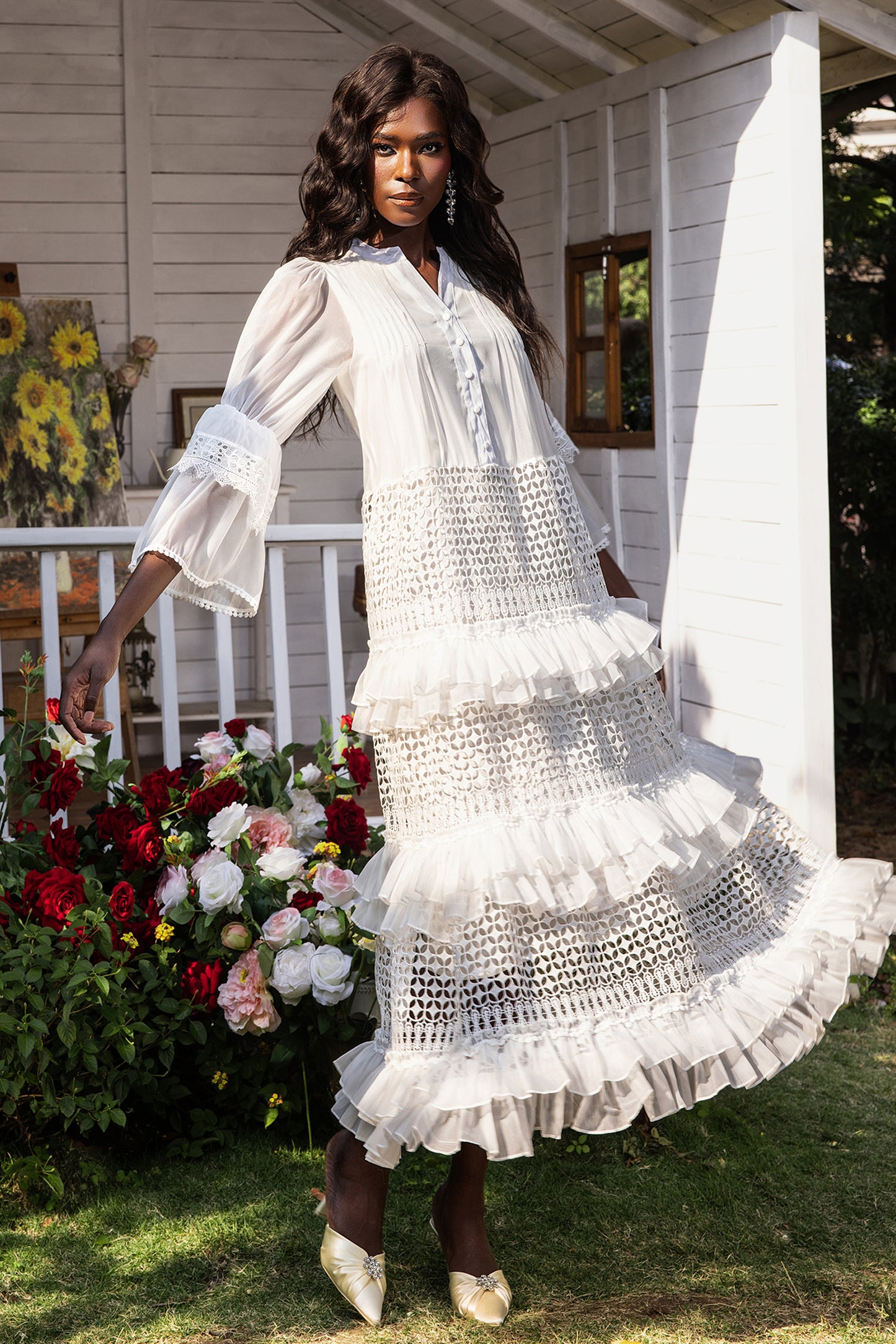 Bell Sleeve Frill Lace Midi Dress