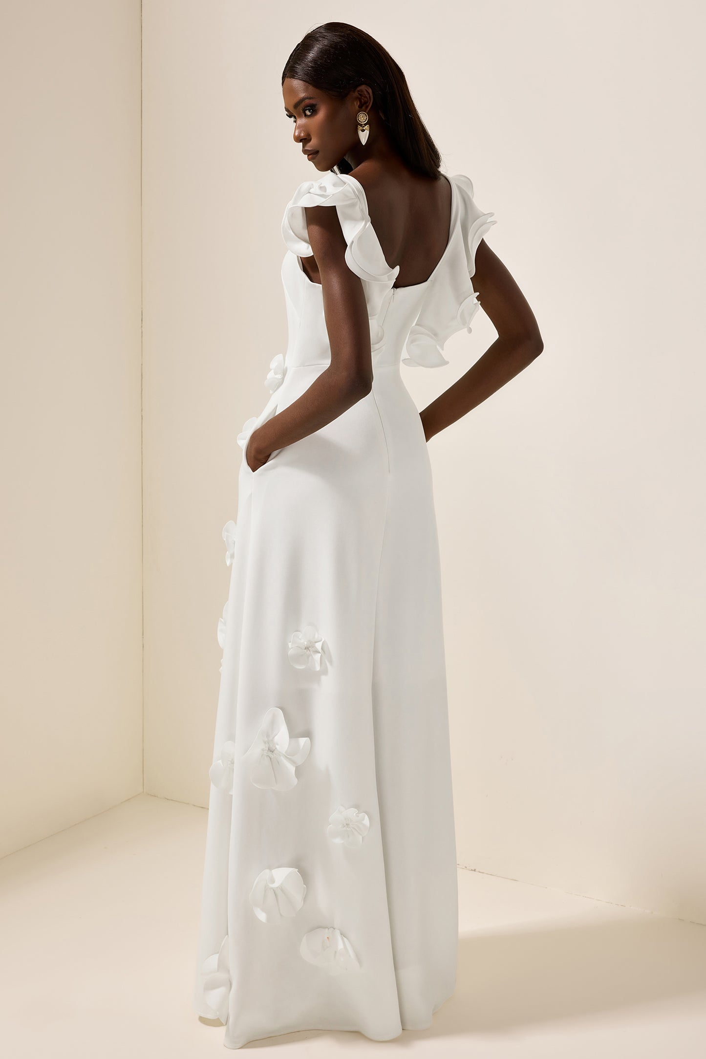 3D Flower Frill Sleeveless Maxi Dress