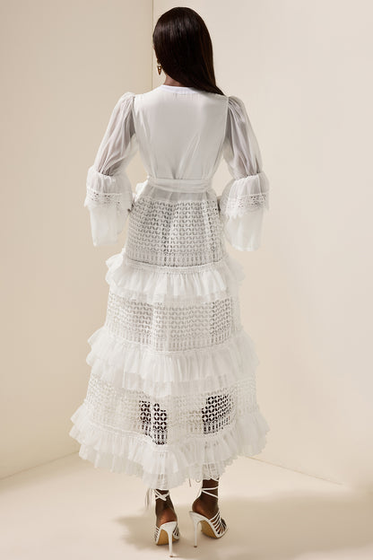 Bell Sleeve Frill Lace Midi Dress