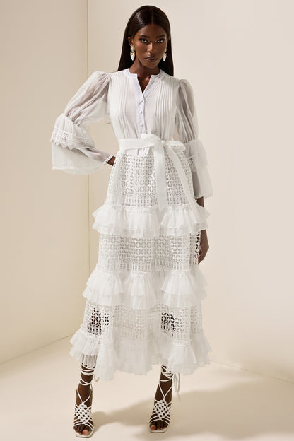 Bell Sleeve Frill Lace Midi Dress