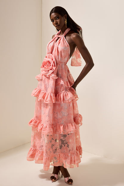 3D Flower Halter Neck Sleeveless Maxi Dress