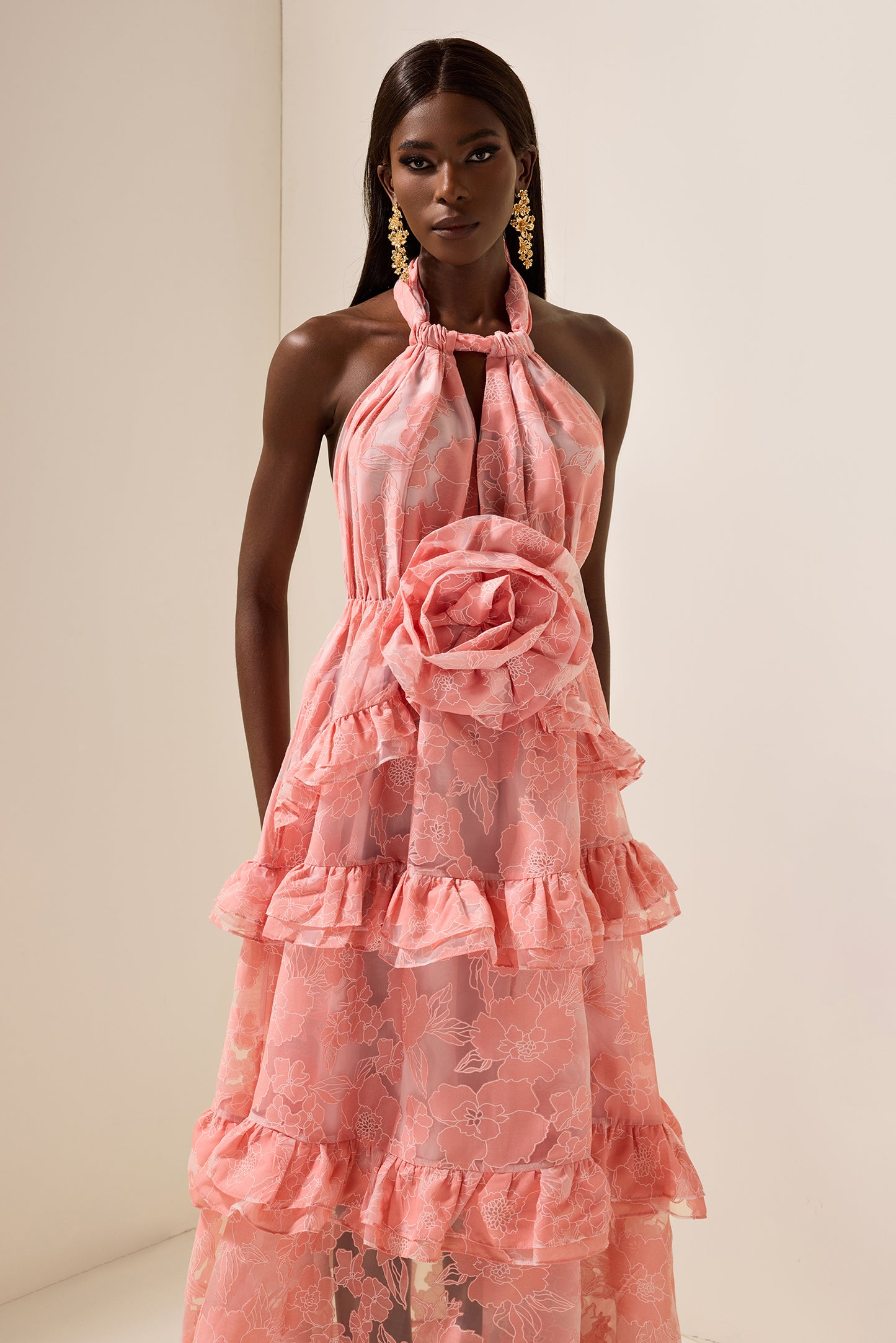 3D Flower Halter Neck Sleeveless Maxi Dress