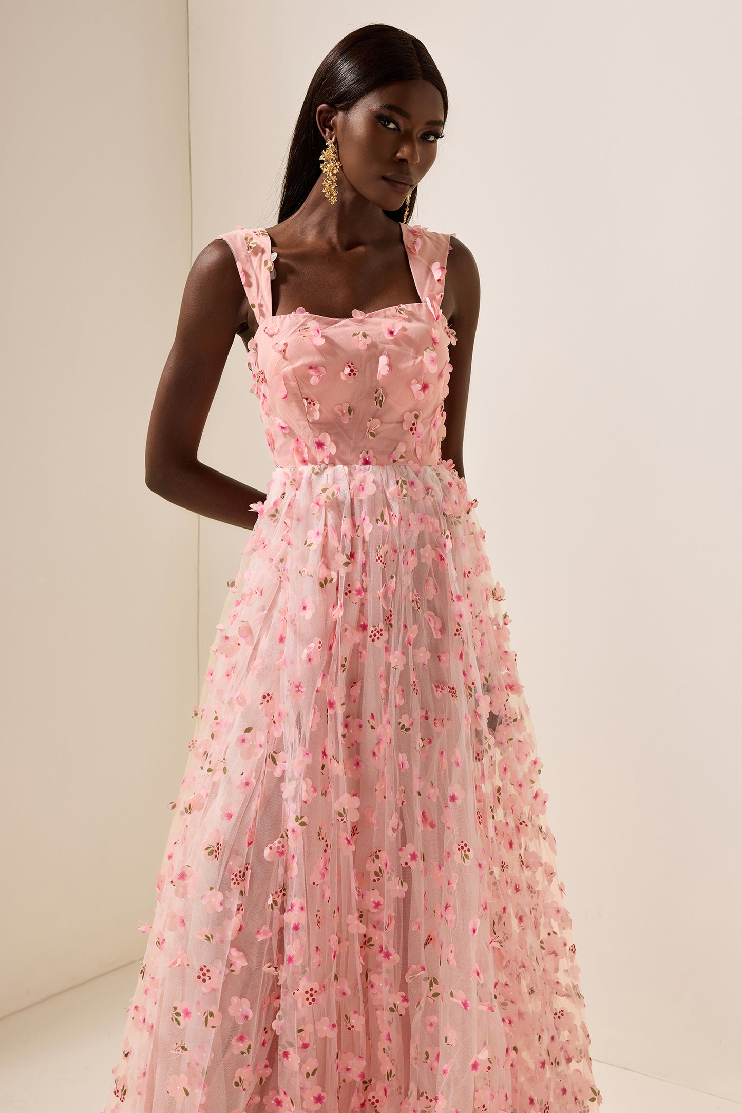 3D Floral Mesh Sleeveless Maxi Dress