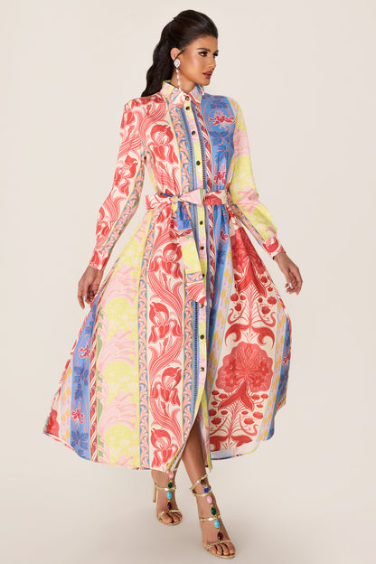 Botanical Print Long Sleeve Midi Dress
