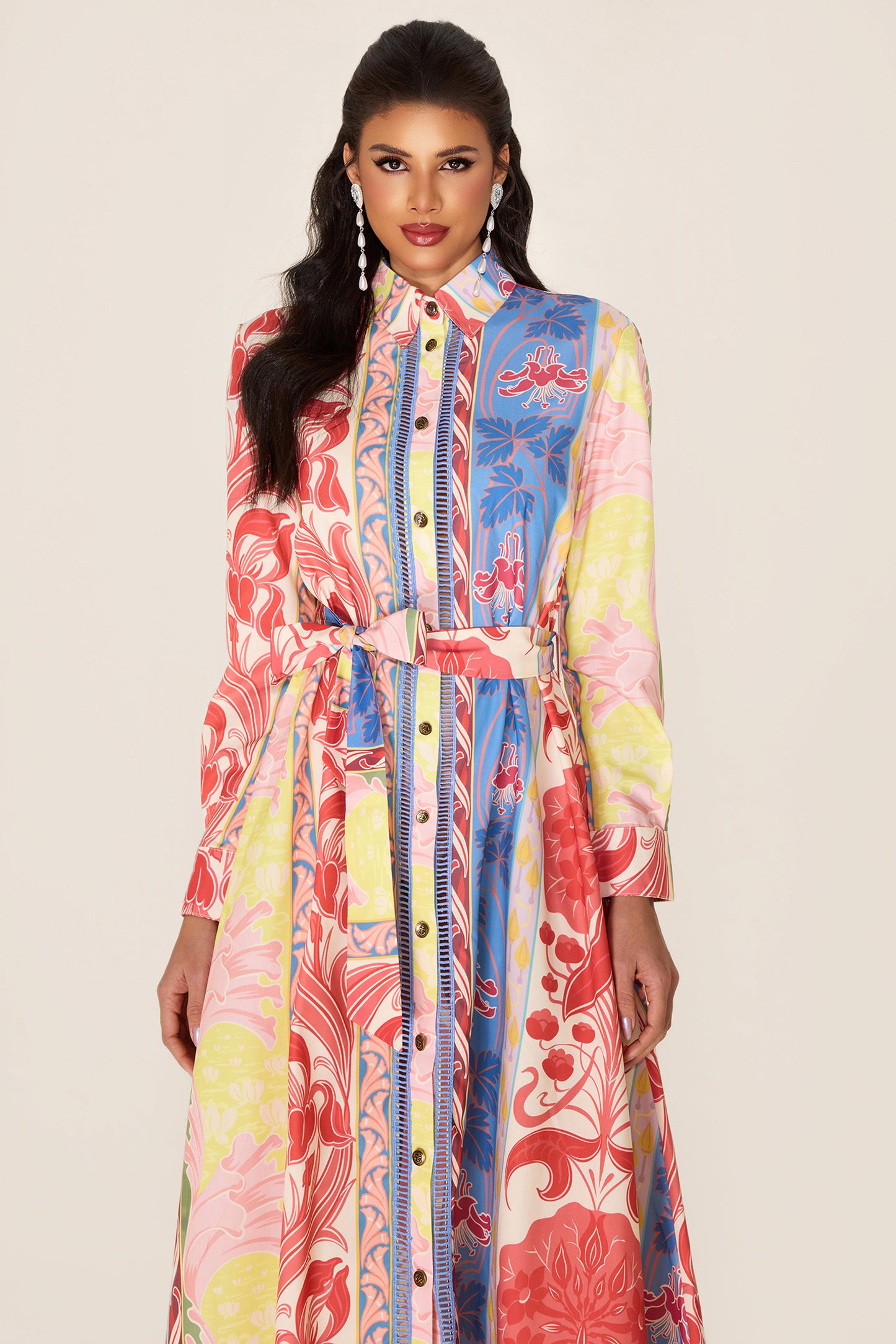 Botanical Print Long Sleeve Midi Dress