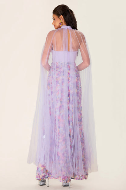 3D Flower Heart Shape Neck Maxi Dress With Cape