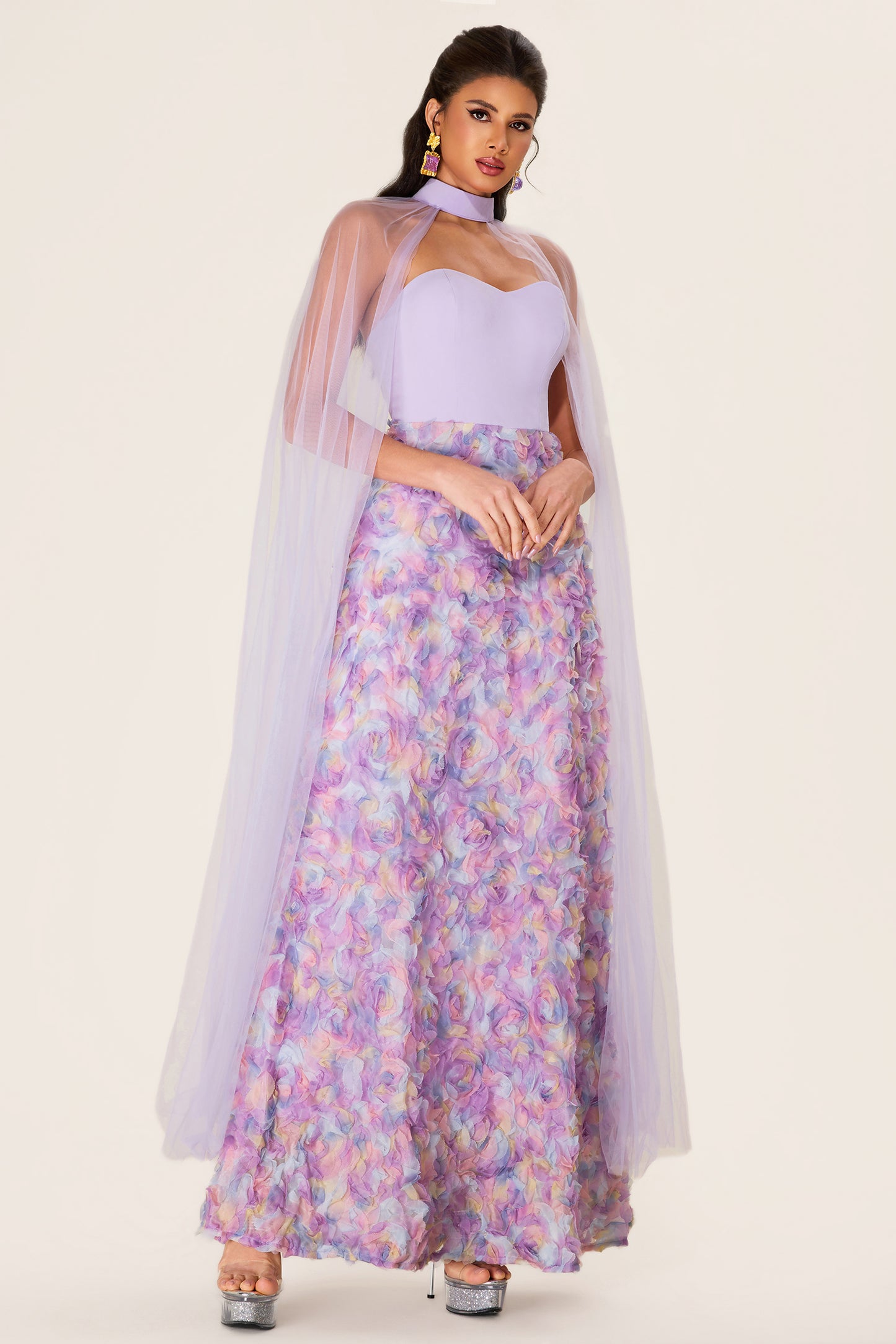 3D Flower Heart Shape Neck Maxi Dress With Cape