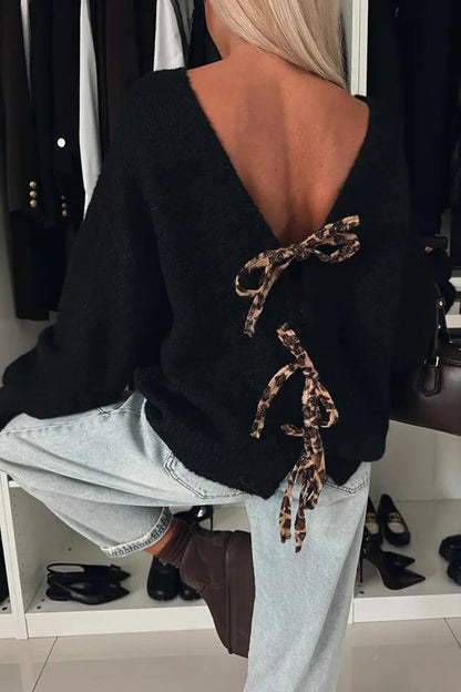 Fashionable Charm Knit Back Leopard Print Bow Tie-up Relaxed Sweater