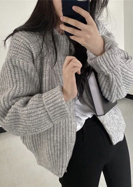 Cozy Zip-Up Chunky Knit Cardigan - Oversized Ribbed Sweater Jacket