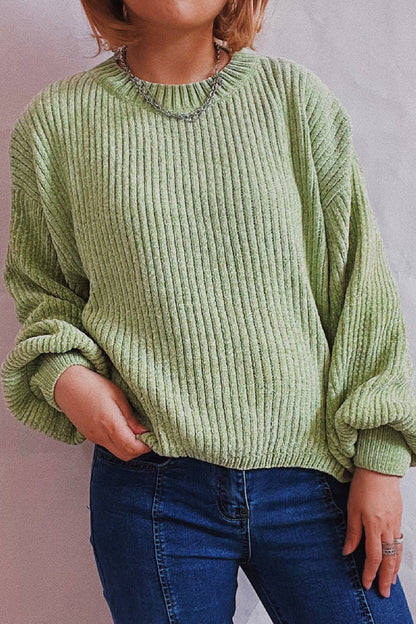 Solid Color Casual Round Neck Lantern Sleeve Short Knitted Sweater