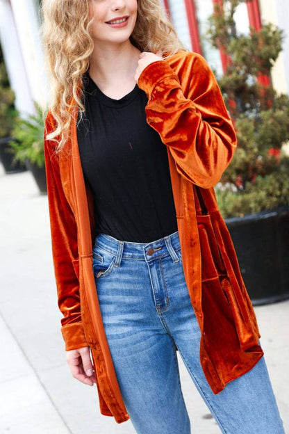 Rust Velvet Button Down Tunic Top