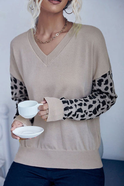 Knit V-Neck Leopard Panel Sweater