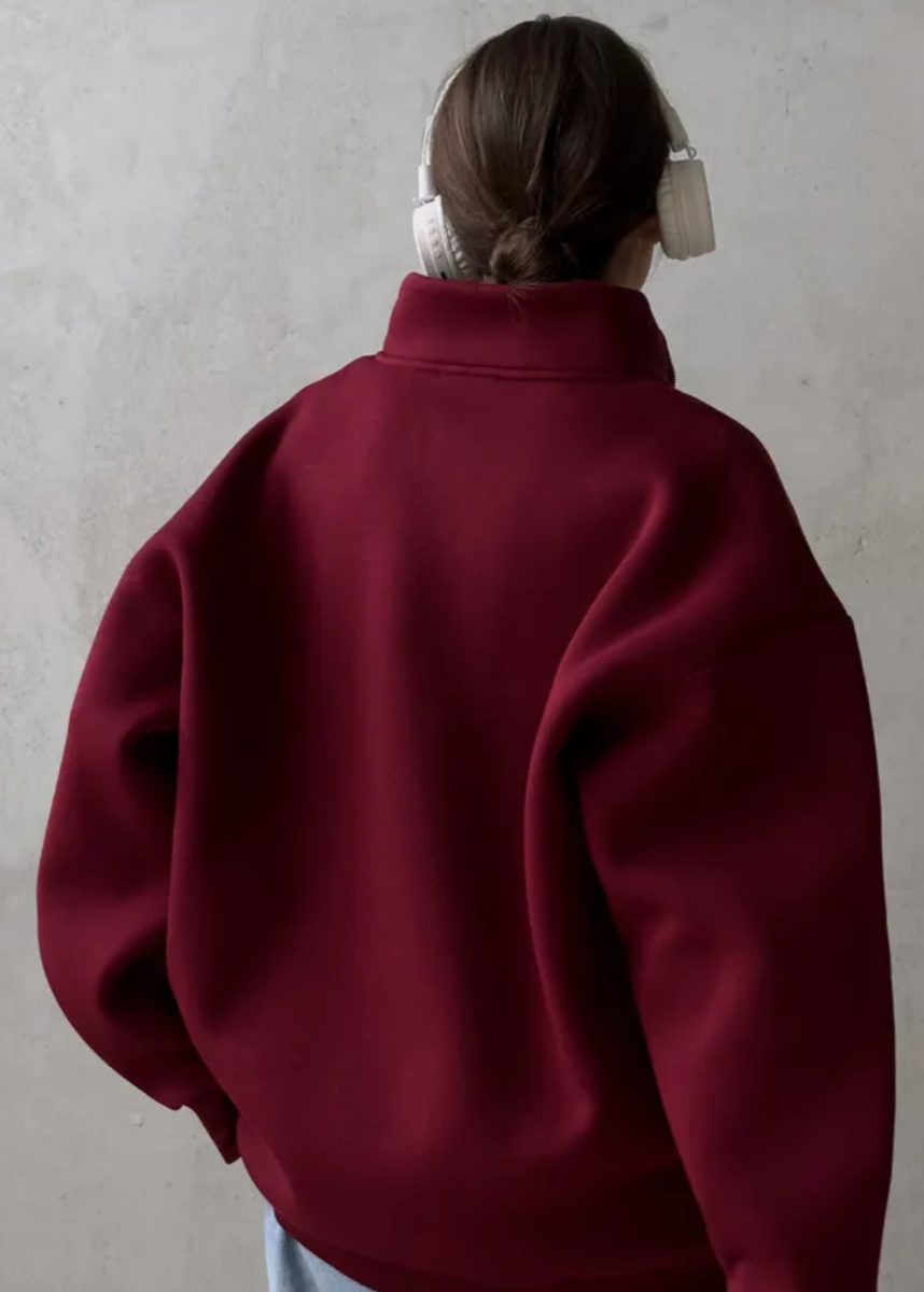 Crimson Chill - Oversized Half-Zip Sweatshirt with High Collar