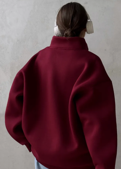 Crimson Chill - Oversized Half-Zip Sweatshirt with High Collar