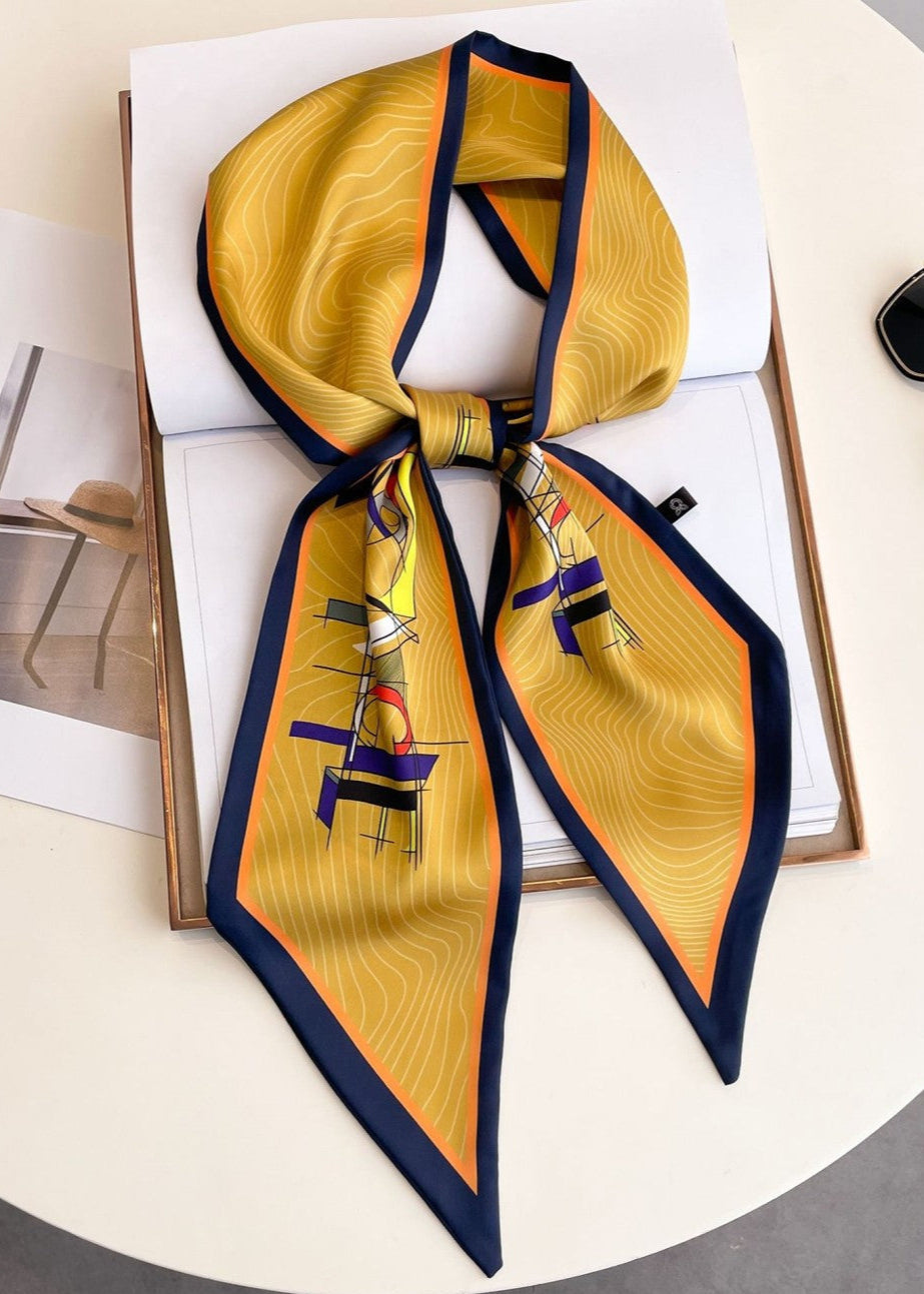 Versina - Geometric Gold Print Silk Twilly Scarf